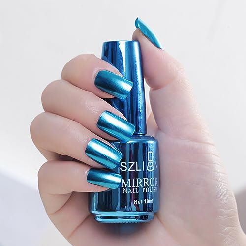 18ml Metal Nail Polish Mirror Effect Gel Nail Polish Nail Varnish Chrome Nail Art Polish Long-Lasting Non-Peelable (Blue)