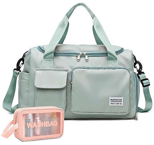 Green Small Gym Bag for Women - Travel Duffle Carry On Weekender with Shoe Compartment