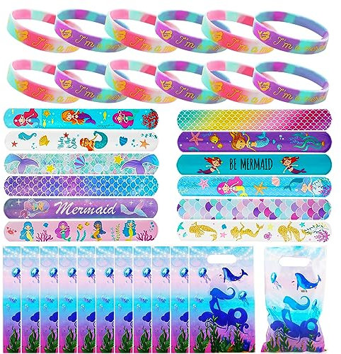 Sirena Party Favors,36 Pezzi Sirena Gadget Compleanno Bambina,con 12 bracciale silicone sirena+12 Sirena Braccialetti Slap+12 sacchetti regalo sirena,per Bambine Ragazze Regalo Festa Compleanno