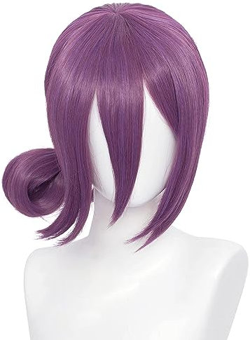 Lila Perücke für Frauen, kurz, glatt, mit Hochsteckfrisur und Pony, perfekt für Halloween, Cosplay und Anime-Con
