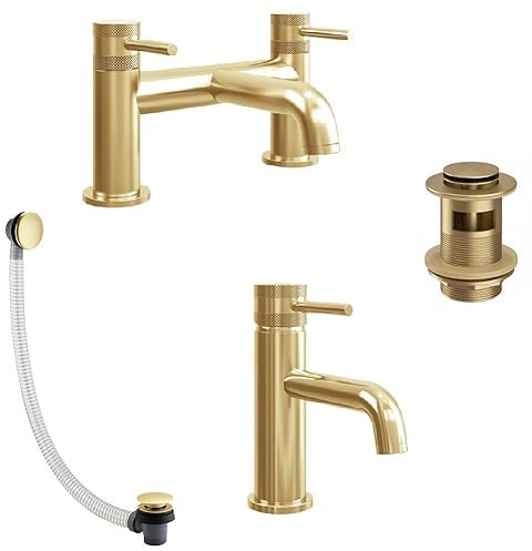 Apres Bath Filler Tap and Mono Basin Mixer Brushed Brass Finish | Includes Bath and Basin Waste | Deck Mounted | Brushed Brass | Bath Tap | Basin Tap | |