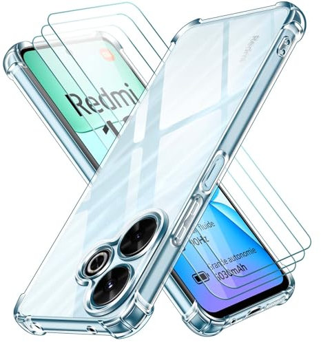 ivoler 4 in 1 Klar Hülle für Xiaomi Redmi 13 4G / Poco M6 4G, 1 Handyhülle mit 3 Stück Panzer Schutz Glas, Transparent Stoßfest Schutzhülle Dünne Weiche TPU Silikon Durchsichtige Kratzfest Case