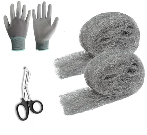 Steel Wool Mice, 2Pack of 5m Steel Wire Wool Hole Filler, Gap Blocker, Barrier Protect Against Animals in Holes, Holes Siding Pipeline Vents for Garden House Garage - Includes Work Gloves Scissor