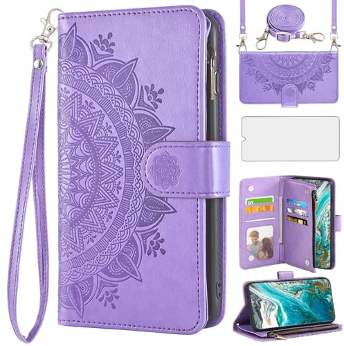 Asuwish Handyhülle für Gigaset GS5 Hülle mit Band und Folie Schutzfolie Kartenfach Klappbar Leder Blumen Geldbörse Ständer GS 5 Reißverschluss Handyhüllen Handy Hüllen Schutzhülle Phone Case Lila