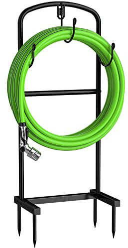 Bomclap Metall Gartenschlauchhalter Freistehender, 109CM Schlauchhalter Freistehend mit 3 Haken, Heavy Duty Gartenrohrständer für Garten, Schwarz