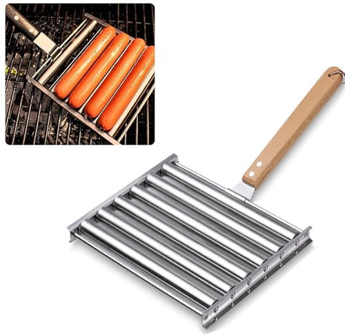 ZELONUUS 18,3 cm langer Hot-Dog-Roller für Grill, gleichmäßiges Kochen von Wurstwalze, Edelstahl, Maisgrill mit abnehmbarem Holzgriff für Outdoor-Kochen und Grillen für Rindfleischfranks Wieners