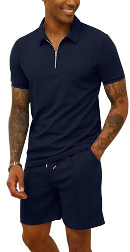 Men's Tracksuit Polo Shirt & Shorts 2 Pieces Casual Summer Outfits Suit Lapel Activewear Fashion Short Sleeve Sweatsuits Set Navy L