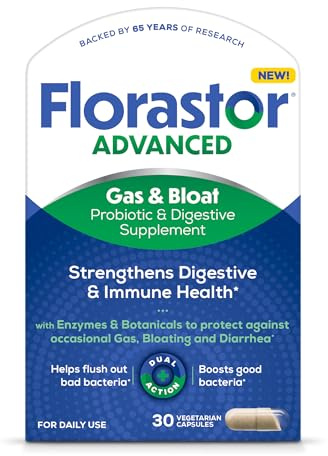 Florastor Advanced Gas and Bloat Probiotic, Digestive Enzymes and Botanicals, Plus Probiotics for Digestive Health, 30 Capsules