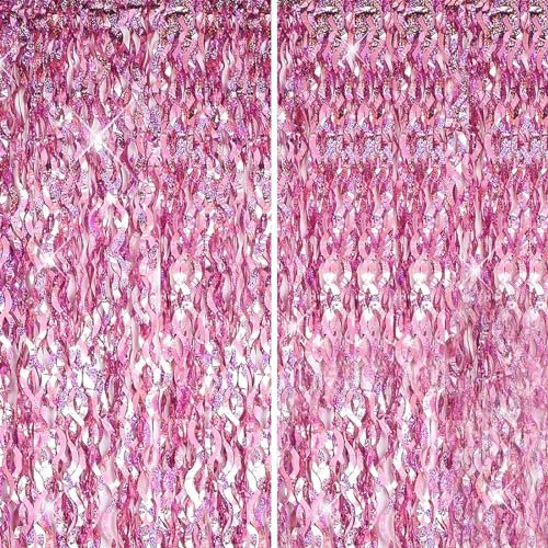 Pink Foil Fringe Tinsel Backdrop Glitter,2P 3.2ft x 6.5ft Wavy Pink Foil Curtain Decoration,Laser Foil Fringe Metallic Tinsel Door Hanging Flow Silk Streamers for Birthday Wedding Holiday Party