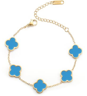 AIPPK 18K Gold Plated Clover Lucky Bracelet for Women White/Black/Red/Green Flower Four Leaf Link Bracelets Trendy Jewelry Gifts for Women, 6.41, Stainless Steel, no gemstone