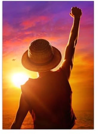Displate Offiziell One Piece MetallPoster Magnetische Befestigung Inklusive Lizenziert Bilder Hochwertiges Poster Key Art - Luffy Sunset 45 cm x 32 cm