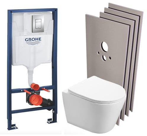WC Suspendu Pack Complet Accessoires - Pack WC Grohe Bâti-support, WC SAT Infinitio sans bride, fixation invisible, Plaque chrome, Set d'habillage, Abattant WC,Cuvette Toilette, Chasse d'eau Wc