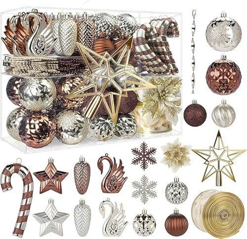 Alupssuc 128 Teiliges Weihnachtskugel-Ornament-Set, Bruchsichere Christbaumschmuckkugeln, Weihnachtsblumen, Bänder, Baumspitze für Weihnachtsbaum, Feiertage, Hochzeitsfeiern mit Haken, Braun & Gold