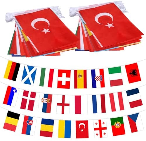 MONCAP 2 Stück Länder Fahnen Wimpelkette 2024 Fußball Flaggen 24 Länderflaggen Wimpel Girlande Fahnenkette 2024 für Fußball Party Sportvereine Garten Bar(14x21cm-8m)