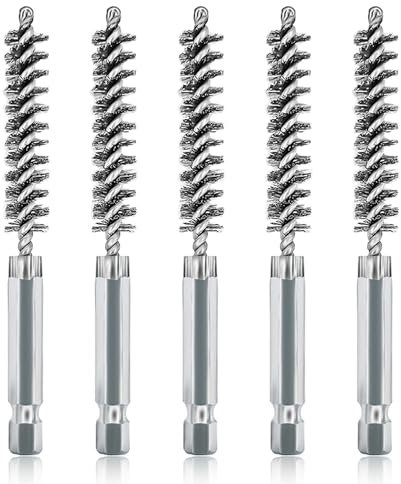 ASNOMY Lot de 5 brosses de nettoyage en acier inoxydable de 0,95 cm avec poils en acier inoxydable pour perceuse électrique, brosse métallique abrasive avec tige hexagonale de 6,35 mm
