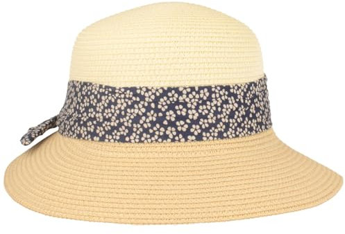 Breiter Damen Strohhut Glocke Strandhut Knautschbare Strohschute Kofferhut mit Blütengarnitur Damenhut 100% Papier