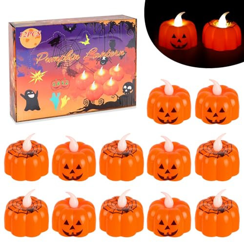 12 Stück Halloween Kürbis Led Kerzen Halloween Deko Kürbis Teelichter Kürbis Kerzen Flammenlose Flackern Batterie Kerzenlicht Kürbislicht Kürbis LED Teelichter Deko für Halloween Party Innen Außen