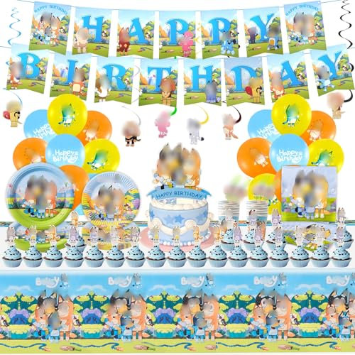111 Piezas Decoracion Cumpleaños Blue, Perro Azul Feliz Cumpleaños Decoracion Tema Juego de Vajilla 10 Personas Incluye Globos de Cumpleaños Pancarta Decoracion Tartas Platos Tazas Mantel Servilletas