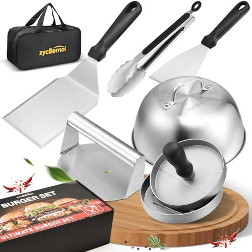 zycBernoi Smash Burger Set [7-TLG.] Burger Smasher Set mit Burgerglocken, Burgerpresse, Smasher, Pfannenwender, Grillzange für Plancha, Grillplatte, Gasgrill & Feuerplatte - Inkl. Aufbewahrungstasche