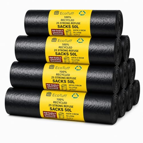 EcoTuf 250 Pack Heavy Duty Bin Bags 50L – Recyclable Black Bin Liners, Extra Strong Refuse Sacks, 35kg Weight Capacity - Leak Resistant Rubbish Bags for Kitchen, Garden, Home, Office & Commercial Use