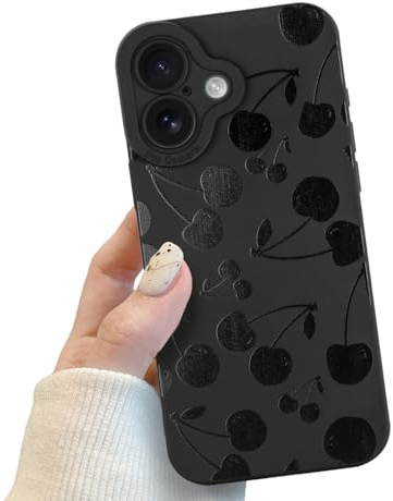 Black Cherry Phone Case for iPhone 16, Black Cute Cherry Patter for Women Girls, Soft TPU Slim Profile Shockproof Protective Phone Case for iPhone 16