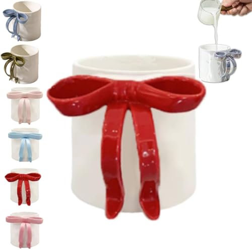 12oz Charming Ribbon Mugs with Bow Handle, 350ml Bow Coffee Mug, Ceramic Christmas Bow Hot Coffee Mug, Pink Christmas Mug Valentine's Christmas Birthday Gifts for Women (Red)