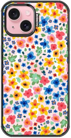 MOSNOVO Case for iPhone 15 [Compatible with Magsafe] [Buffertech 6.6ft Drop Protection] [Anti Peel Off Tech] - Clear Black - Little Flowers