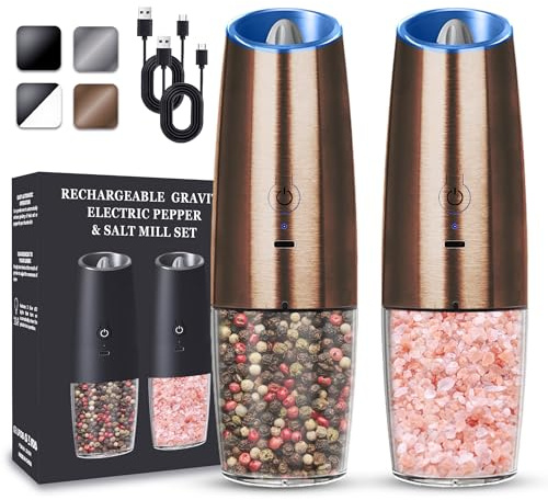 UNNEES Rechargeable Electric Salt and Pepper Grinder set of 2, gravity electric salt and pepper grinder set, Adjustable Roughness, LED Light, 2 Pack, (Copper)