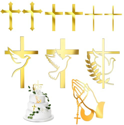 10 Stück Kuchendeko Kreuz Cake Topper Taube Gold Acryl Torte Deko, Tortendeko Taufe, Chillernder Spiegeleffekt Für Hochzeit, Cake Topper Taufe, Tortendeko Kommunion, Taufe Deko Hochzeit,Babyparty
