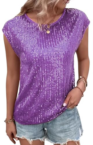 Naimo Top da donna con paillettes glitterate, a maniche corte, girocollo, elegante, per feste, cocktail, Lilla, M