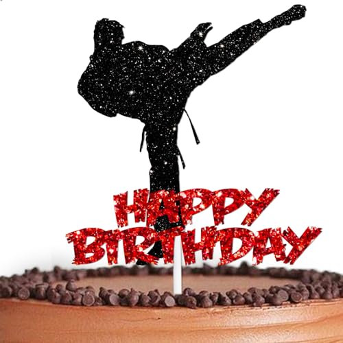 Black Glitter Happy Birthday Cake Topper Pick for Karate Theme Decor Supplies Men Boys Wrestler Happy Birthday Party Decorations