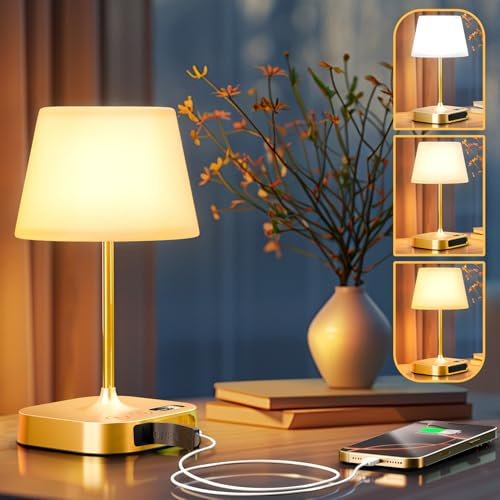 Anordsem Rechargeable Table Lamps for Livingroom: Wireless Touch Night Light 3 Color Dimmable - Waterproof Ambient Lighting for Bathroom Shower – Mood Decor Gifts for Friends (Gold)