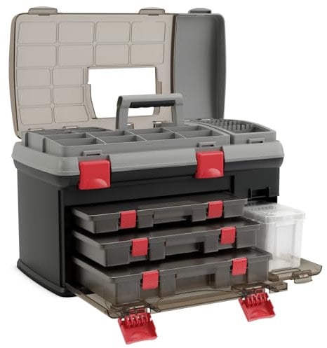 TANGZON Fishing Tackle Box, 5 Layer Storage Tackle Organizer with Top Storage, 14 small compartments, 3 Removable Utility Boxes & Bait Racks, Lockable Cantilever Tool Storage Box
