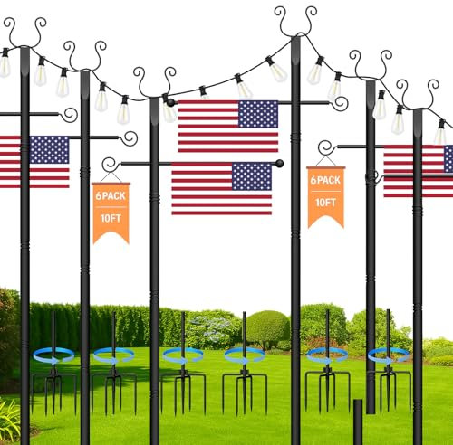 Outdoor String Light Poles 6 Pack - 10 Ft Lighting Posts with Fork,Rustproof Patio Heavy Metal Stand, Adjustable for Backyard Deck Garden Wedding