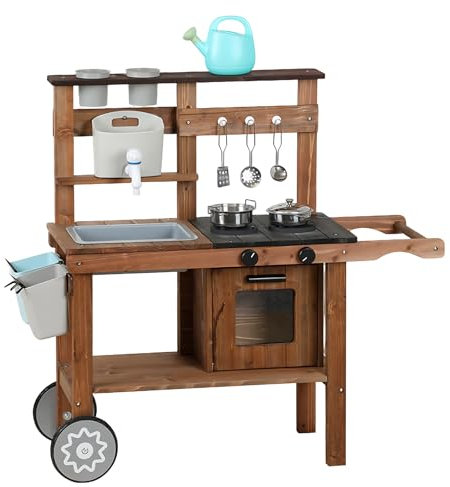 Matschküche Kinder Outdoor, Kinderküche Holz, Gartenküche Outdoorküche mit Spüle,Wassertank,Wasserhahn,Herd & Topfset Kochgeschirr, Spielküche Küchen Spielzeug für Rollenspiele