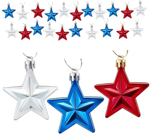 NASSMOSSE 4th of July Tree Decorations, 24PCS Red White and Blue Memorial Day Decorations, 3D Patriotic Hanging Stars for All Seasons Home Party Decor