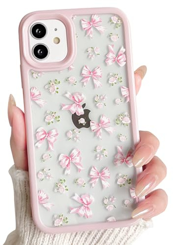 NITITOP Compatible with iPhone 11 Case Cute Clear Floral Bow Flower Design for Women Girls Bowknot Ribbon Aesthetic Pattern with Bumper Slim TPU+PC Shockproof Protective Phone Case - Pink