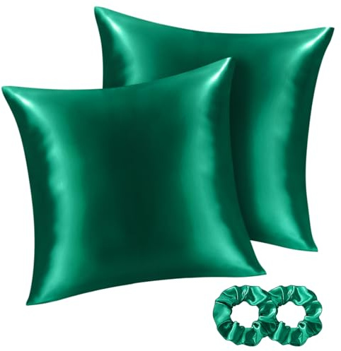 BEDELITE Satin Kissenbezug 2er Set 80x80 Dunkelgrün | Seidenkissenbezug Alternative, Weich für Sommer, 2 Haargummis inklusive, für Haar und Haut