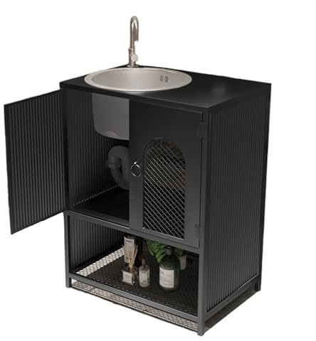 Standwaschbecken Badezimmer-Waschtischunterschrank mit Edelstahlwaschbecken, Aufbewahrungsschränken im Industriestil mit Türen und offenen Regalen, kommerzielles Standwaschbecken aus Metall mit Wasser