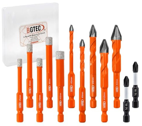 Juego de 12 Brocas BGTEC - 4 Brocas Diamante para Porcelanato (5mm + 6mm*2 + 8mm + 10mm) + 5 Brocas Excéntricas (5/6/8/10/12mm) + Punta PH2 - Para Mármol, Granito, Hormigón, Madera y Mampostería