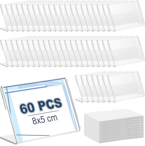LOPYXBR 60 Stück Mini Acryl Etikettenhalter 8x5cm L-Form Tischaufsteller Transparent Mini Acryl Preisschilder Aufsteller für Supermarkt Werbeaktionen Büro Restaurants Shop