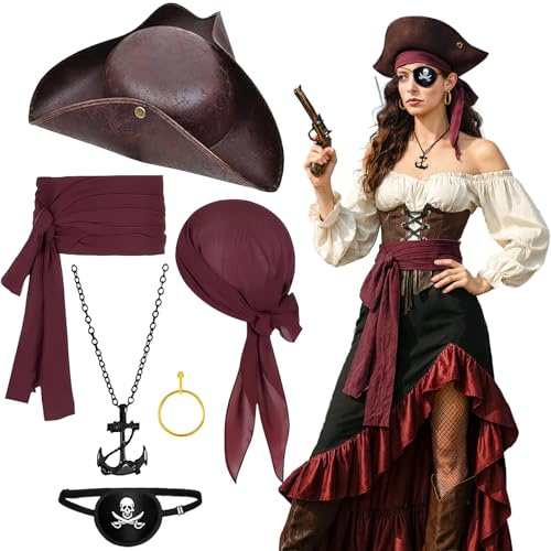 AYNKH 6-teiliges Piratenkostüm-Set für Damen und Herren – Hut, Kopftuch, Gürtel, Anker-Halskette, Ohrringe, Augenklappe, für Halloween-Partys, Piraten-Cosplay, Kostümpartys und Bühnenauftritte
