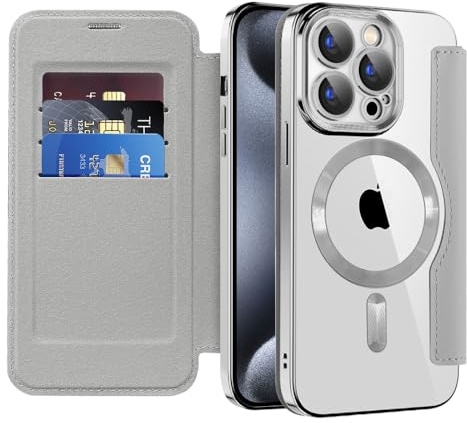 SIYOPINPFY Coque Magnétique pour iPhone 15 Pro Étui à Rabat, Argent JD | Compatible avec MagSafe , RFID Blocage , Dos Transparente , Housse en Cuir PU Flip Pochette Portefeuille avec Fentes Cartes
