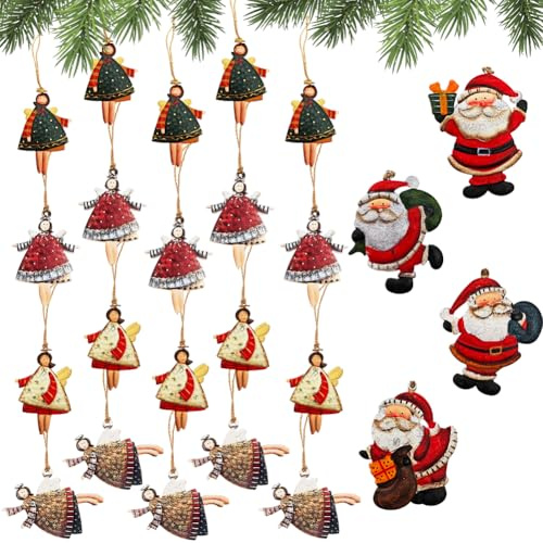Weihnachten Deko Anhänger 24 Stück,Weihnachtsmann und Schutzengel Geschenk,Holz und Metall ,Christbaumschmuck Glücksbringer Silvester für Baumschmuck Weihnachten Festliche
