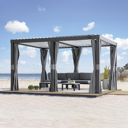 SUNJOY Pergola Bioclimatique 4x3 m Aluminium avec Rideaux et Moustiquaires, Tonnelle de Jardin LED Solaire, Toit à Lames Orientables, Pavillon de Terrasse Robuste