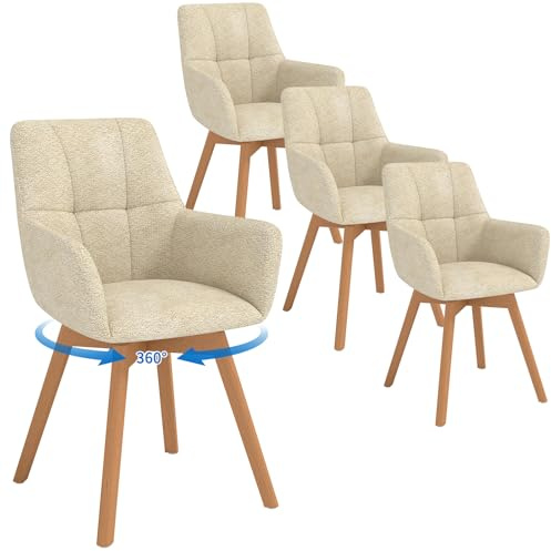 LEWE Esszimmerstühle Drehbar 4er Set mit Armlehne und Holzbeinen, Khaki | 360°Drehstuhl, Polsterstuhl mit Ergonomische Stoffrückenlehne, Stühle für Esszimmer, Küche, Wohnzimmer, Schlafzimmer