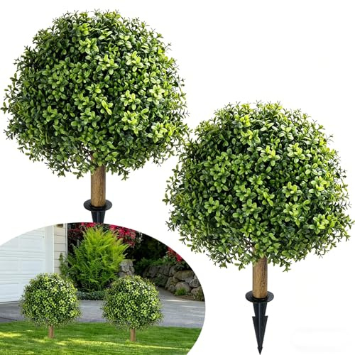 Fairblo 2 Pezzi Bosso Artificiale da Esterno con Picchetto 60 cm, Verde | Piante Finte da Esterno Bosso Finto Ø40cm Arbusti Cespugli Finti Resistenti ai Raggi UV per Balcone Terrazza Giardino Deco