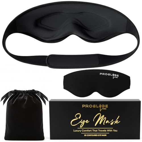 Proglobe Luxe Blackout Sleep Mask, Back and Side Sleepers, Black | 100% light blocking 3D eye mask; zero pressure eye cups; lash-friendly soft breathable; for travel and naps