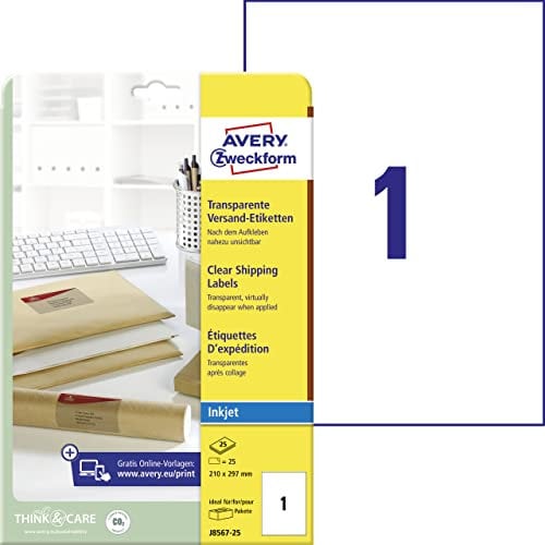 AVERY Zweckform J8567-25 Versandetiketten/Versandaufkleber (25 Etiketten, 210x297mm auf A4, bedruckbar, selbstklebend, für Inkjet-Drucker, für Pakete und Päckchen) 25 Blatt, transparent