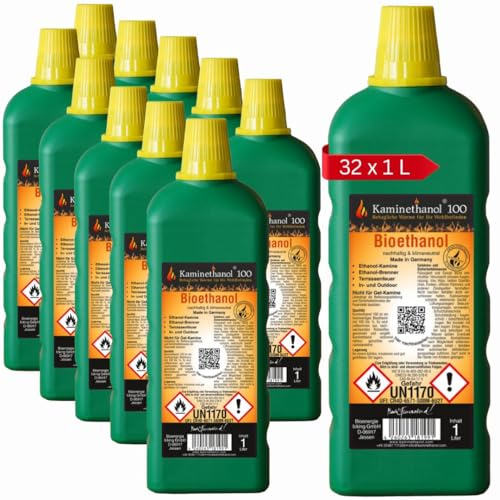 Kaminethanol Icking 32 Liter Bioethanol 100% (32 x 1 L) Premium Qualität - direkt vom Hersteller für Ethanol Kamine, Alkohol-Brenner, Terrasenfeuer, Raumfeuer und Gartenfackeln